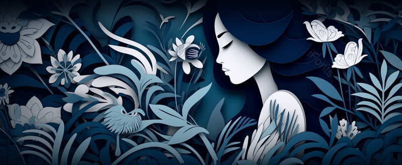 中国风剪纸女孩花和叶子在宁静远景的风格,插画/手绘图,插画/手绘图库,插画/手绘图下载,插画/手绘